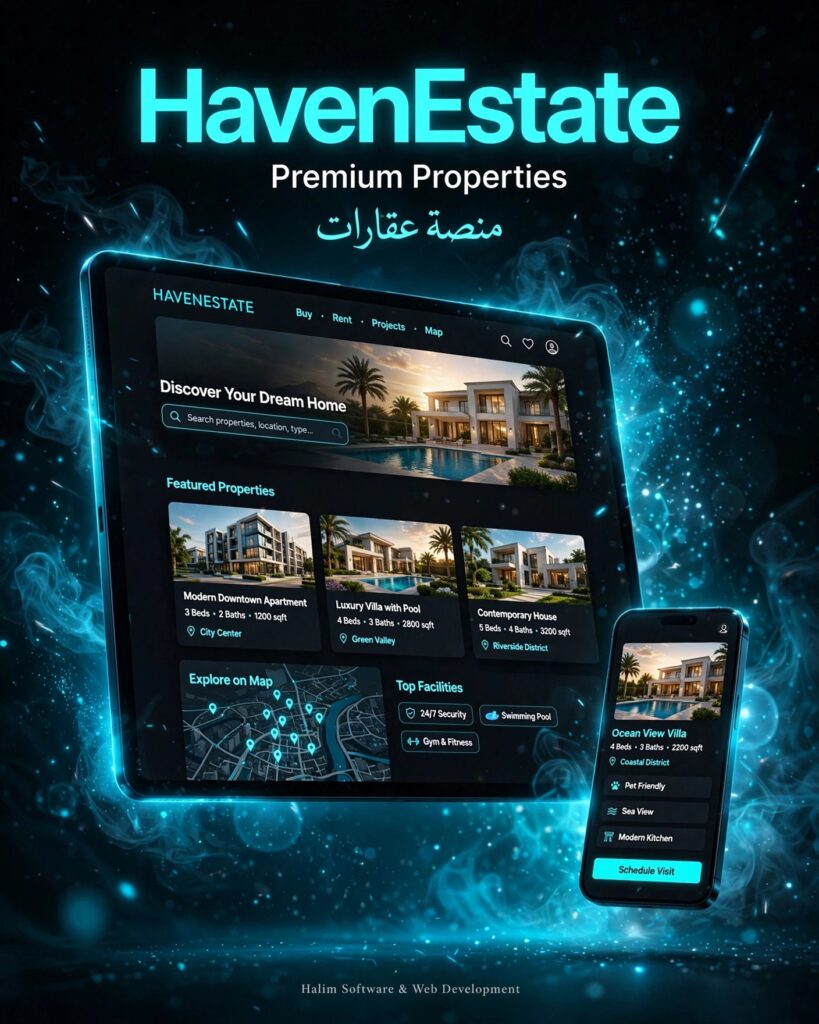 نموذج من أعمالنا - تصميم وتطوير منصة عقارات فاخرة وتحسين محركات البحث HavenEstate