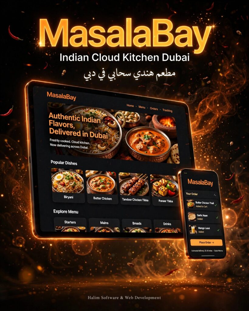 نموذج من أعمالنا - تصميم وتطوير منصة مطعم سحابي وتوصيل طعام في دبي MasalaBay