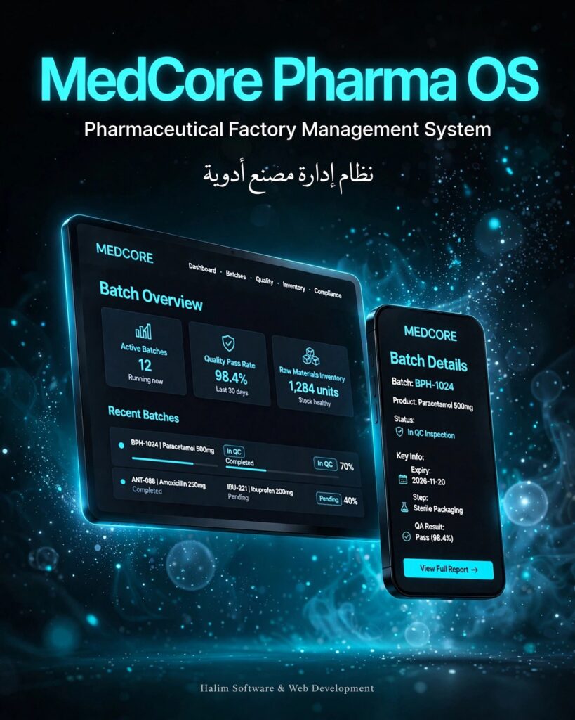 نموذج من أعمالنا - تصميم وتطوير نظام إدارة مصنع أدوية MedCore Pharma OS