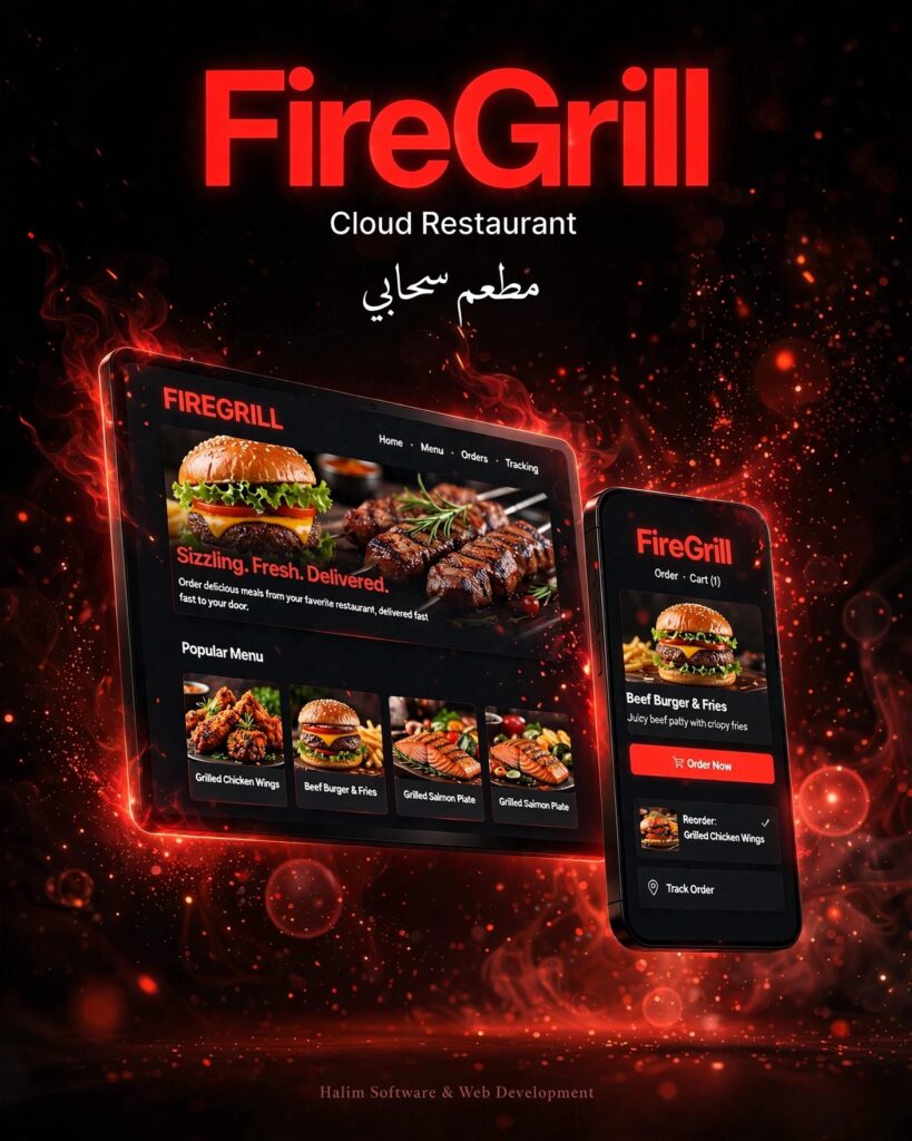 نموذج من أعمالنا - تصميم وتطوير منصة مطعم سحابي FireGrill