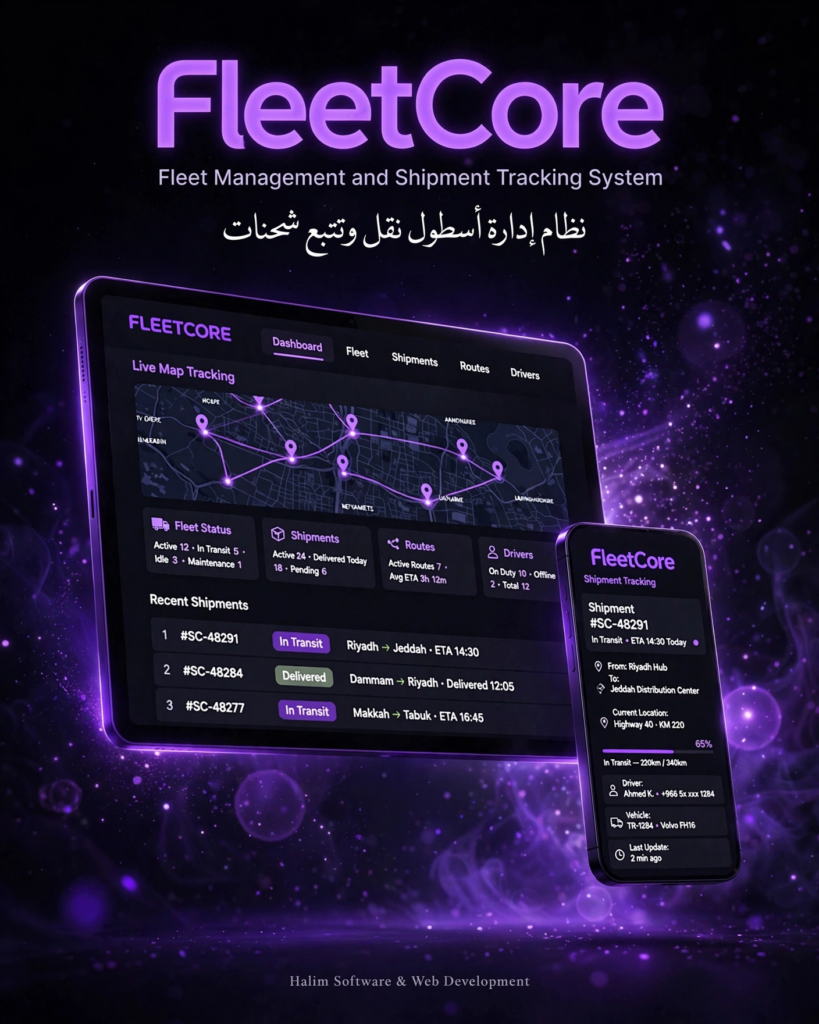 نموذج من أعمالنا - تصميم وتطوير نظام إدارة أسطول ونقل FleetCore