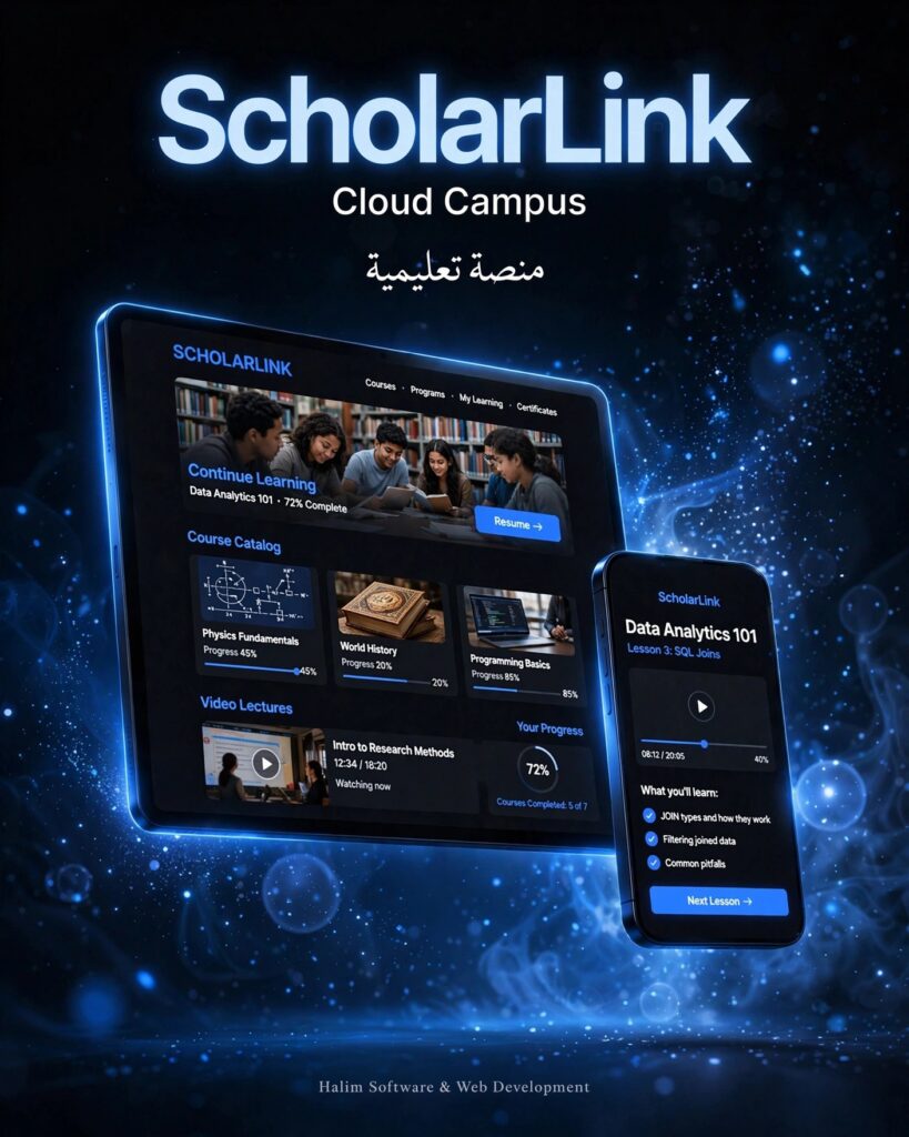 نموذج من أعمالنا - تصميم وتطوير منصة تعليمية سحابية ScholarLink