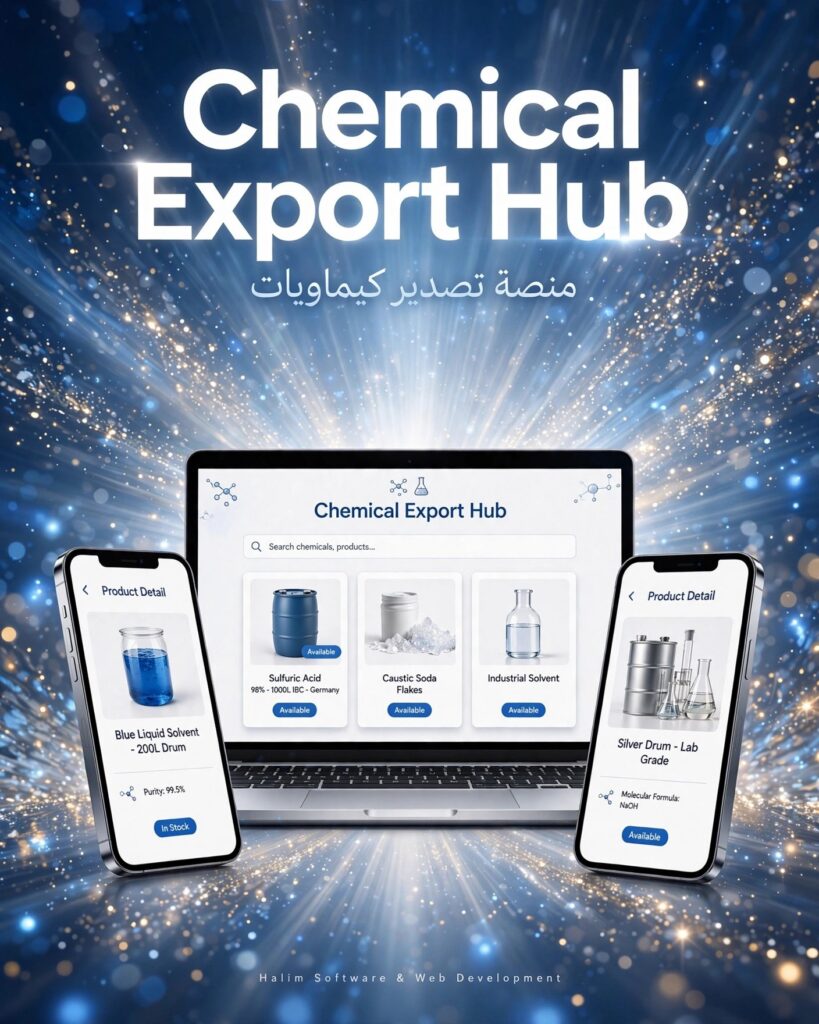 نموذج من أعمالنا - تصميم وتطوير منصة تصدير كيماويات Chemical Export Hub