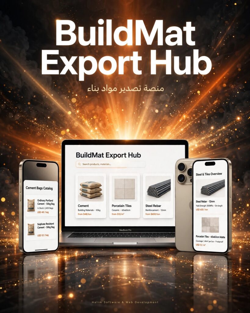 نموذج من أعمالنا - تصميم وتطوير منصة تصدير مواد بناء BuildMat Export Hub