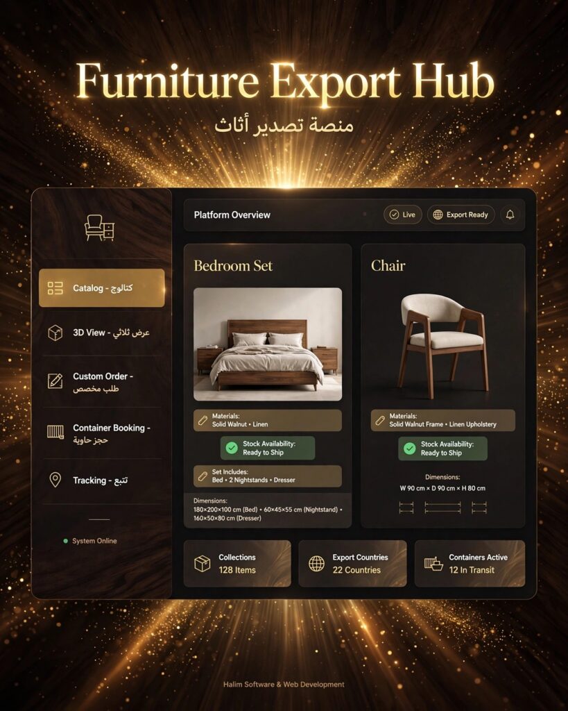 نموذج من أعمالنا - تصميم وتطوير منصة تصدير أثاث Furniture Export Hub