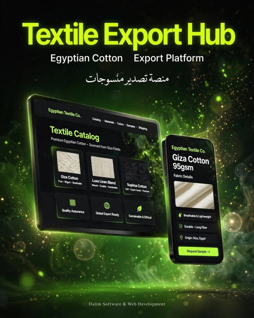 نموذج من أعمالنا تصميم وتطوير منصة Textile Export Hub لتصدير المنسوجات والقطن المصري
