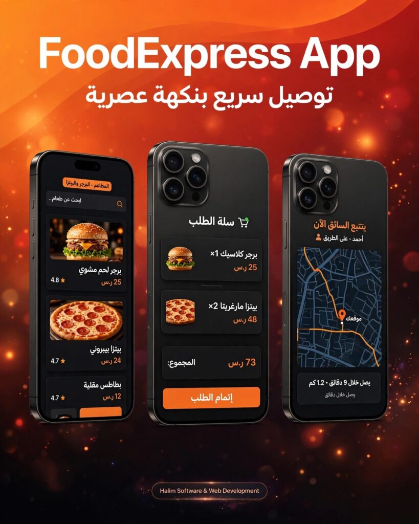 نموذج من أعمالنا - تصميم وتطوير تطبيق توصيل طعام FoodExpress App