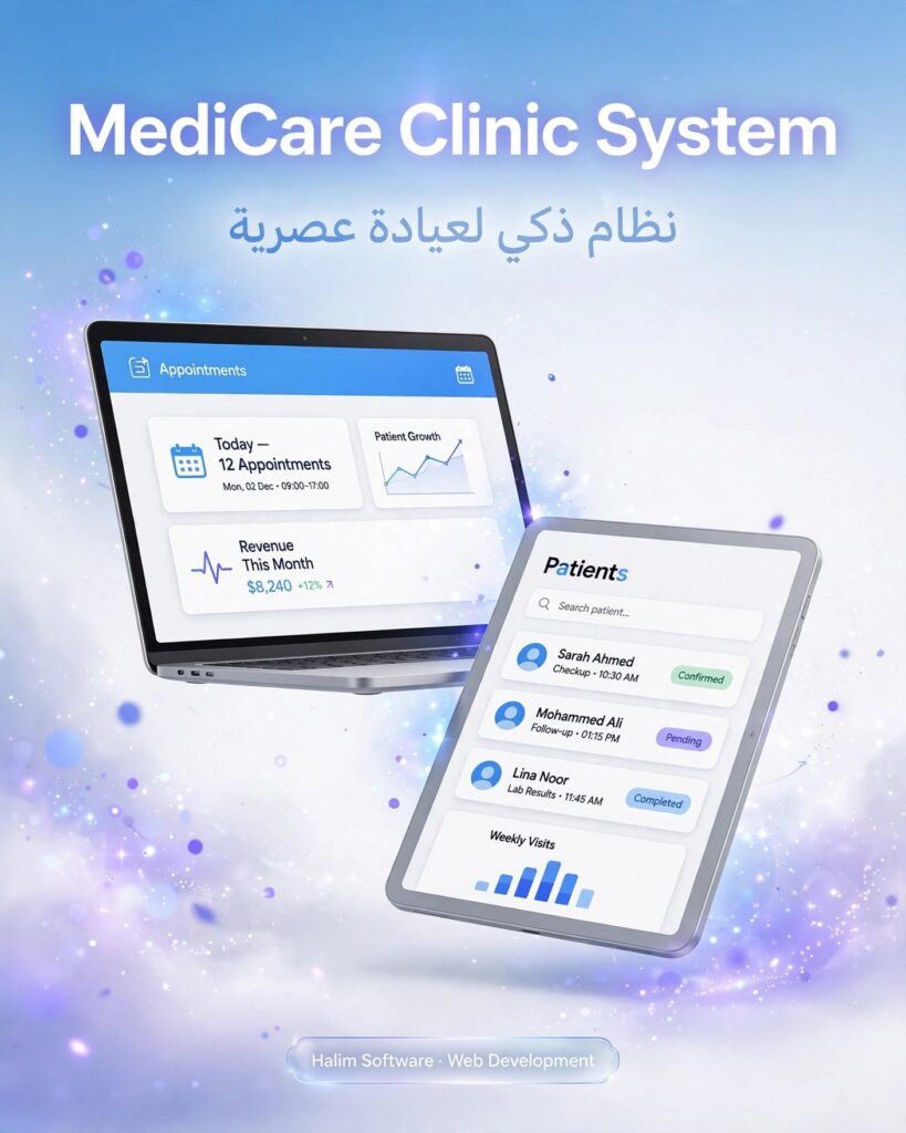 نموذج من أعمالنا - تصميم وتطوير نظام إدارة عيادة طبية MediCare Clinic System
