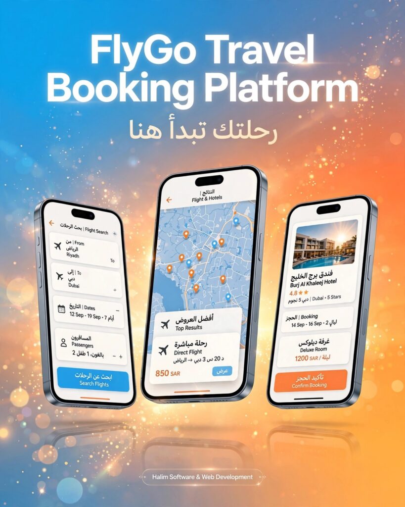 نموذج من أعمالنا - تصميم وتطوير منصة حجز سفر FlyGo Travel Booking Platform