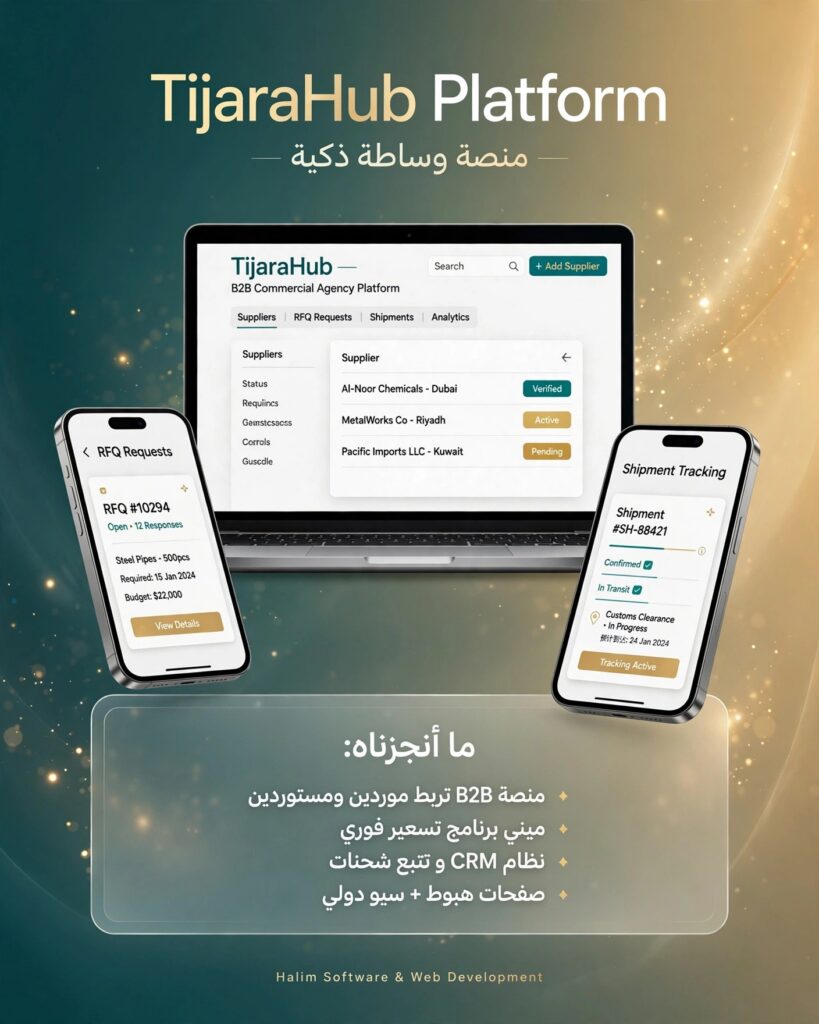 نموذج من أعمالنا - تصميم وتطوير منصة وساطة تجارية TijaraHub Platform