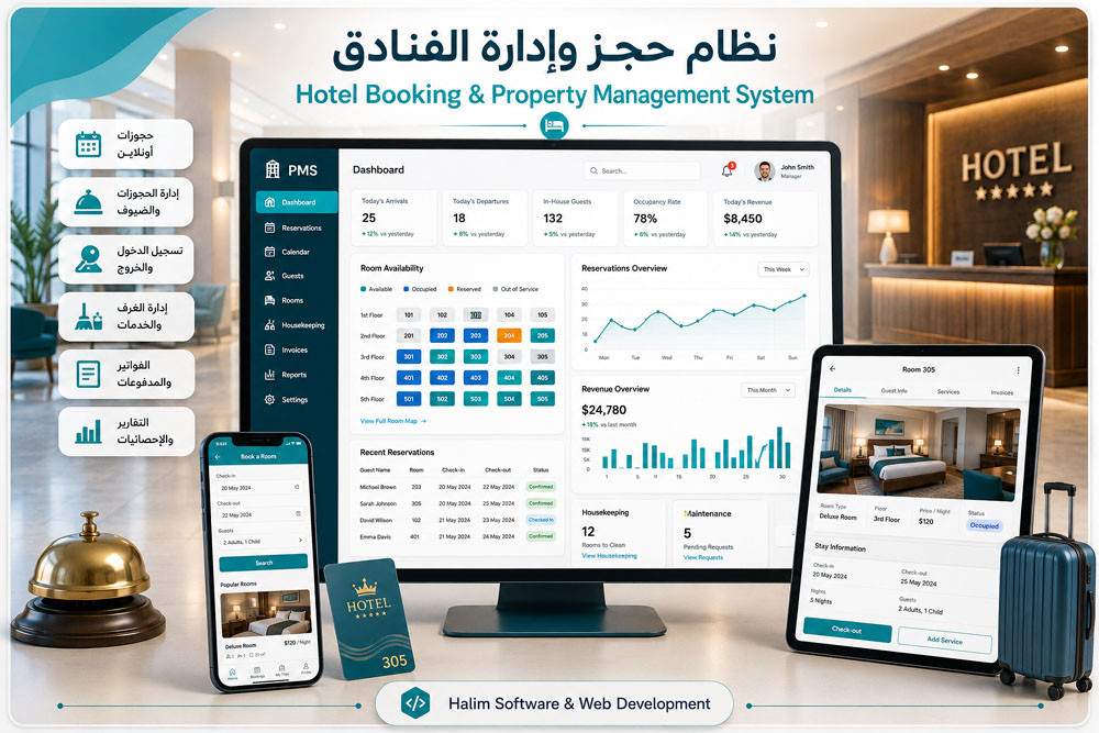 نموذج من أعمالنا تصميم وتطوير نظام حجز وإدارة الفنادق PMS