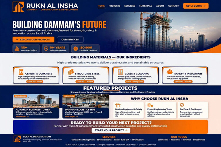 نموذج أعمال إنشاء موقع شركة مقاولات بالسعودية - مشروع شركة ركن الإنشاء - الدمام