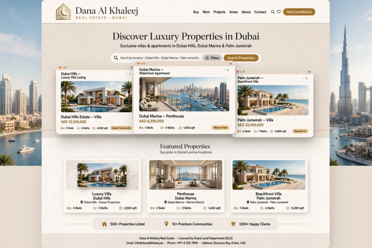 نموذج أعمال إنشاء موقع عقارات في الإمارات دبي مشروع دانة الخليج العقارية