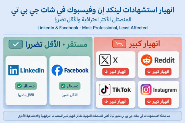 انهيار استشهادات لينكد إن وفيسبوك في شات جي بي تي المنصتان الأكثر احترافية والأقل تضرراً في عاصفة أغسطس الخوارزمية