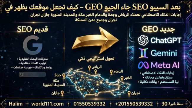 بعد السيو SEO جاء الجيو GEO – كيف تجعل موقعك يظهر في إجابات الذكاء الاصطناعي لعملاء الرياض و جده و الدمام الخبر مكة والمدينة المنورة جازان نجران وجميع مدن المملكة