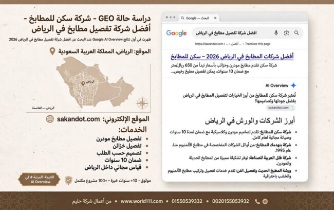 دراسة حالة GEO - جيو و سيو SEO شركة سكن للمطابخ تتصدر Google AI Overview كأفضل شركة تفصيل مطابخ في الرياض