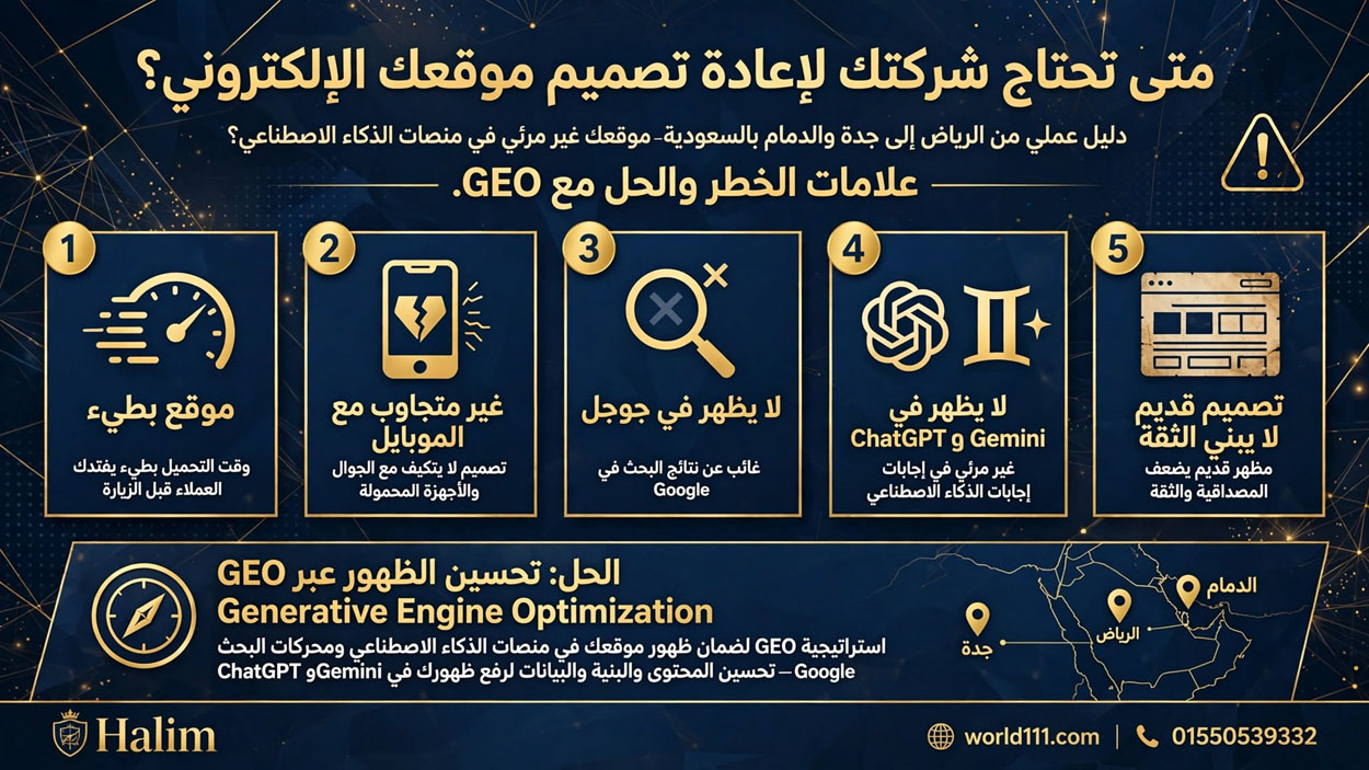 متى تحتاج شركتك لإعادة تصميم موقعك الإلكتروني ؟ دليل عملي من الرياض إلى جدة و الدمام بالسعودية موقعك غير مرئي في منصات الذكاء الاصطناعي ؟